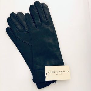 Black Lord & Taylor Leather Silk-Lined Gloves 7